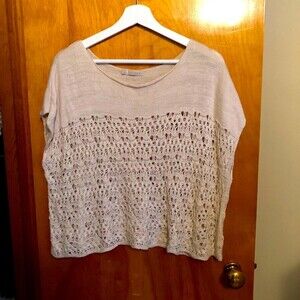 Hinge Sweater Oat Cream Short Sleeve Boho Pullover Small Neutral Tan Beige Boxy